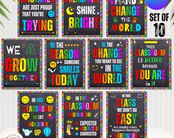 Editable Classroom Posters Set of 10, Growth Mindset Chalkboard Wall Art, Motivational Quotes for Teachers, 8x10 Printable Canva Templates