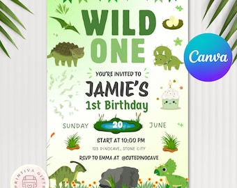 Mall för födelsedagsinbjudan till Dino Wild One – Redigerbar Canvasdesign på 5x7 cm – Utskrivbar Safari Jungle Party, direkt nedladdning