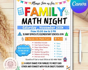 Bewerkbare flyer voor gezinswiskundeavond: canvasjabloon voor schoolevenement (digitale download)