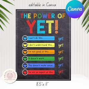 The Power of Yet Poster, Growth Mindset Classroom Decor, Motivational Chalkboard Sign, Printable Wall Art