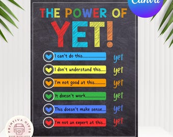 The Power of Yet Poster, Growth Mindset Classroom Decor, Motivational Chalkboard Sign, Printable Wall Art