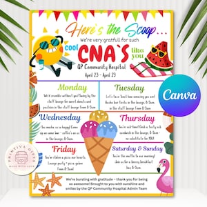 May include: A colorful flyer with the text "Here's the Scoop..." and "CNA's like you." It includes a schedule of events for QP Community Hospital, April 23-29, with illustrations of a sun, watermelon, and ice cream cone. The Canva logo is visible.