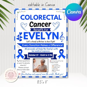 Puede incluir: Un folleto azul y blanco para un beneficio de Cáncer Colorrectal para Evelyn. El folleto incluye el texto "¡Cada donación hace la diferencia!" y detalles del evento. El folleto mide 21,59 cm x 27,94 cm y es editable en Canva.