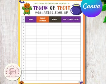 Editable Trunk or Treat Volunteer Sign Up Sheet | Halloween Car Event Form | Printable Trunk or Treat Sign Up Template PDF | Canva Editable