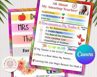Editable Teacher Appreciation Fill-in Card: Rainbow Theme (Canva Template - Digital Download)