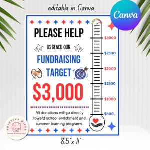 May include: A fundraising sign with a thermometer graphic, blue border, and text that reads "PLEASE HELP US REACH OUR FUNDRAISING TARGET $3,000." The sign is 8.5" x 11" and includes the Canva logo and a logo that says "PRINTIVA GIFTS MADE WITH LOVE."