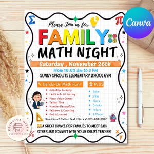 Editable Family Math Night Flyer | School Event Canva Template | Printable PTA Math Night Poster