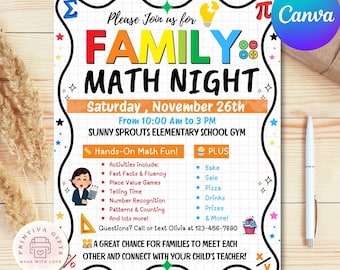 Bewerkbare flyer voor gezinswiskundeavond: canvasjabloon voor schoolevenement (digitale download)