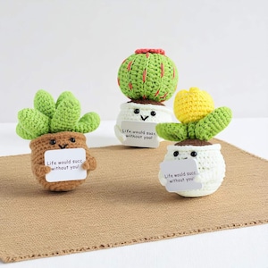 Peluche plante succulente au crochet faite main - Joli cadeau de décoration de bureau avec carte de message | Petite peluche cactus pour ami, enseignant, collègue