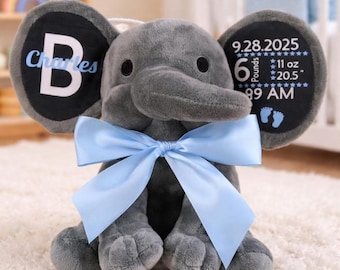 Personalized Plush Elephant | Custom Birth Stats, Keepsake Gift
