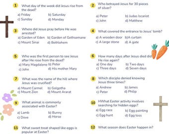 Juego de preguntas y respuestas bíblicas de Pascua para imprimir / Cuestionario cristiano de Pascua para niños y familias / Juego para fiestas de Pascua / Actividad para la escuela dominical /