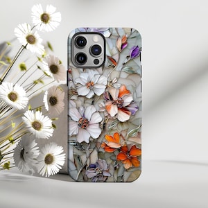Floral Faux Stained Glass Phone Case, Elegant Wildflower Design, iPhone 16 15 14 13, Samsung Galaxy S24 S23, Botanical Art Case