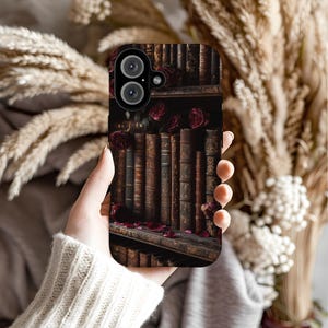 Dark Academia Rose Book Shelf Phone Case, Gothic Book Aesthetic Cover, Moody Vintage iPhone 16 15 14 13, Samsung Galaxy S24 S23 S22 Ultra