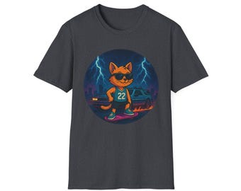 Könnte beinhalten: Dunkelgraues T-Shirt mit einer Cartoon-Katze, die eine Sonnenbrille und ein Trikot mit der Nummer 22 trägt, die vor einem futuristischen Auto und Blitzen skateboardet. Die Katze ist orange und das Auto ist blau.