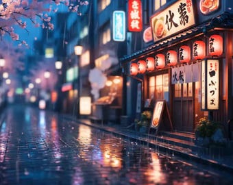 Puede incluir: Ilustración de una escena callejera japonesa nocturna, con una carretera adoquinada mojada que refleja las luces de neón de tiendas y restaurantes. Las flores de cerezo y las linternas rojas añaden color a la imagen azulada.