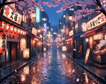 May include: An illustration of a Japanese street scene at night. Cherry blossoms frame the top of the image, with red lanterns and shop signs lining the street. The wet cobbled street reflects the lights.
