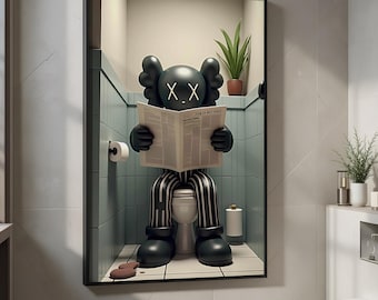 KAW Väggkonst, Kaws på toaletten med tidning, Kaws Figur, HypeBeast KAWS Poster, HypeBeast Väggkonst, Black Kaws Poster, Rolig Kaws Poster
