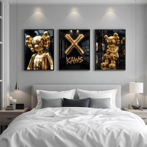 Hypebeast Gold Poster,set of 3,Gold KAWS,Graffiti Poster,HypeBeast Kaws Poster,Kaws Wall Art,Kaws Room Decor,HypeBeast room decor,KAWS Art