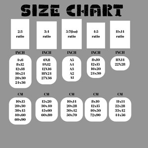 May include: A size chart with the title "SIZE CHART" in a bold, black font. The chart displays various print ratios, including 2:3, 3:4, 5:7, 4:5, and 11x14, with corresponding inch and centimeter measurements for print sizes.