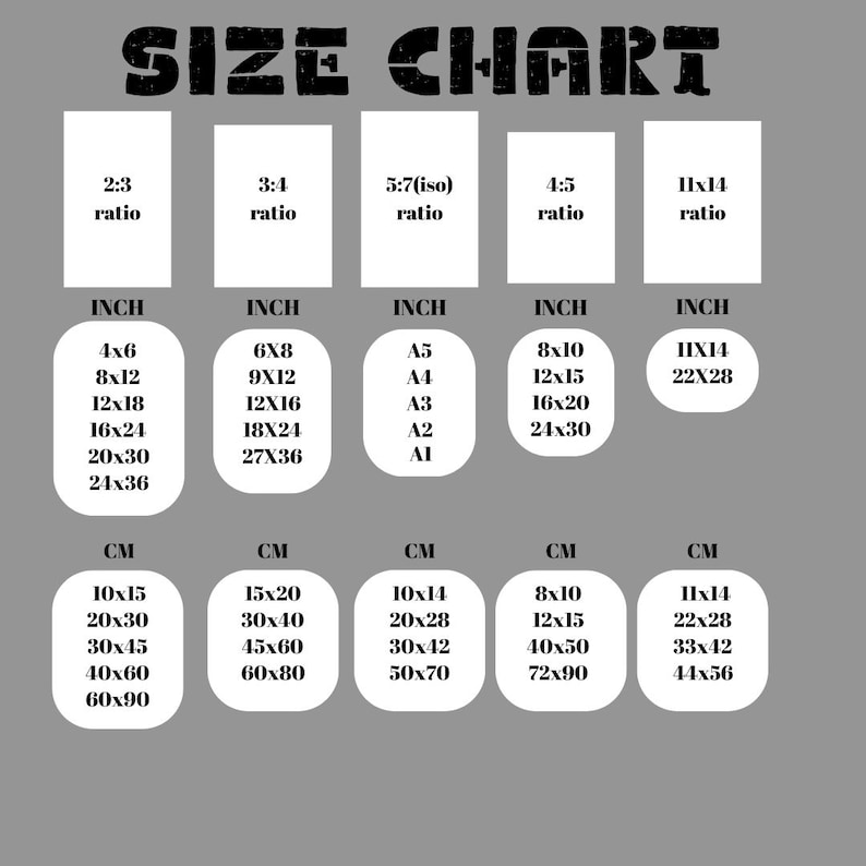 May include: A size chart with the title "SIZE CHART" in a bold, black font. The chart displays various print ratios, including 2:3, 3:4, 5:7, 4:5, and 11x14, with corresponding inch and centimeter measurements for print sizes.