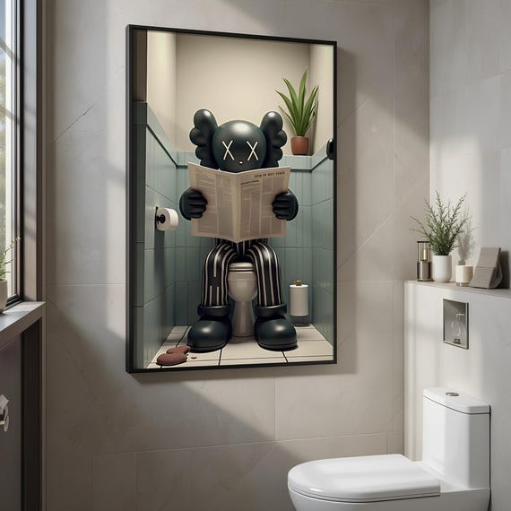 KAW Wall Art,Kaws on The Toilet With Newspaper,Kaws Figure,HypeBeast KAWS Poster,HypeBeast Wall Art,Black Kaws Poster,Funny Kaws Poster