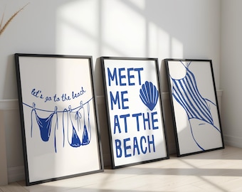 Meet Me At The Beach-kunst, kustmuurkunst set van 3, bikiniposter, stranddecor, preppy trendy, zomerposter, girly poster, blauwe kust