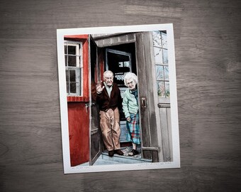 May include: Watercolor print of an elderly couple standing in a doorway. The man waves, wearing a brown jacket and tan pants. The woman wears a green jacket and patterned skirt. The door and window frames are red and brown.