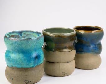 Handmade Stoneware Mug Set – Sculpted Ceramic Coffee Cups – Blue, Dark Blue, Bronze Artisan Pottery