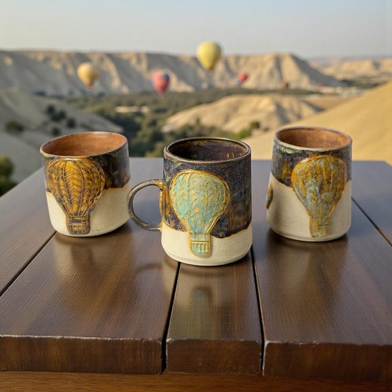 Handmade Cappadocia Mug Set  Stoneware Hot Air Balloon Relief, Artisan  Coffee Cups - Etsy Israel