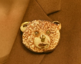 Teddy Bear Porcelain Brooch – Handmade 24K Gold Accent Ceramic Bear Lapel Pin