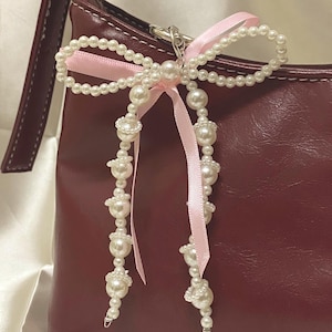 Pearl Bow Keychain Beaded Keychain Korean Style Y2K Bag Accessory for School Bags - Pink Ribbon Keychain -  Pearl Bow Bag Charm - Girly