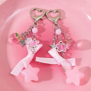 Pink Strawberry Bow Keychain | Y2K Coquette Star Flower Tassel Heart Key Chain for Women | Beaded Chain Phone Decoration | Dollette Charms