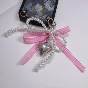 Cute Plaid Bow Heart Charm Keychain With Pearl Beads | Coquette Y2K Charm Keychain | Dollette Aesthetic Bag Accessory | Carabiner Charms