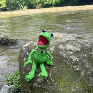 Può includere: Una bambola a forma di rana verde all'uncinetto fatta a mano con una bocca rossa spalancata, occhi bianchi e neri e un colletto verde. La rana è seduta su una roccia muschiosa vicino a un fiume.