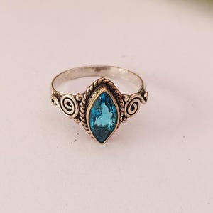 Blue Citrine Marquise Ring, Sterling Silver Leaf Design Band, Vintage Style Stackable
