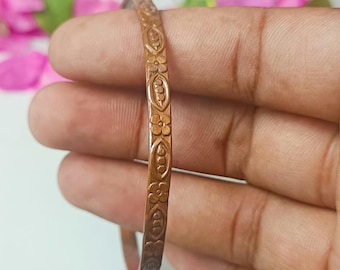 Engraved Floral Copper Bangle, Handmade Hammered Kada, Healing Jewelry