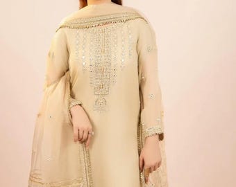 Chiffon Fabric Mirror Embroidered Dress with Elegant Organza Dupatta