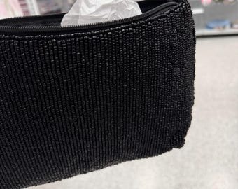 手作りのゼブラ柄ビーズクラッチバッグ｜黒と白のシードビーズ財布｜存在感のあるイブニングポーチ