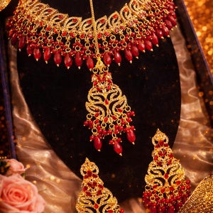 Conjunto de collar nupcial de lujo chapado en oro con cuentas rojas, tikka y pendientes.