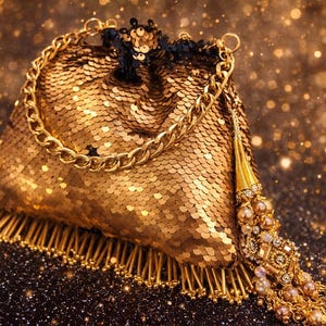 May include: A gold sequined evening bag with a chain strap and beaded tassel. The bag has a drawstring closure and a fringe along the bottom. The background is a dark, glittery surface with bokeh lights.