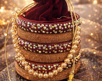 Bolso Potli de cristal dorado con asa de perla – Clutch para novias y fiestas