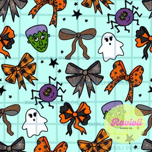 Halloween Bows Seamless Pattern PNG Download for Digital Papers Vinyl Fabric Surface Design Spooky Halloween Coquette aqua design
