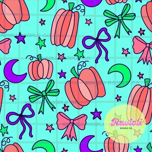 Preppy Pumpkins Halloween Seamless Pattern PNG Download for Digital Papers Vinyl Fabric Surface Design Halloween coquette pumpkins aqua