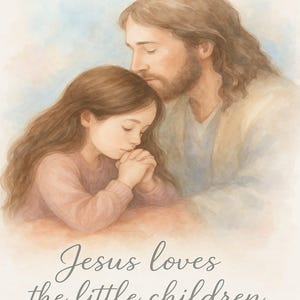 Jesus Loves the Little Children – Christian Wall Art Printable | Jesus and Child Watercolor | Bible Verse Nursery Decor | Instant Download