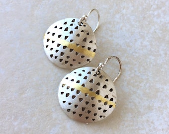 Silver and gold dangle earrings, two tone modern mixed metals
