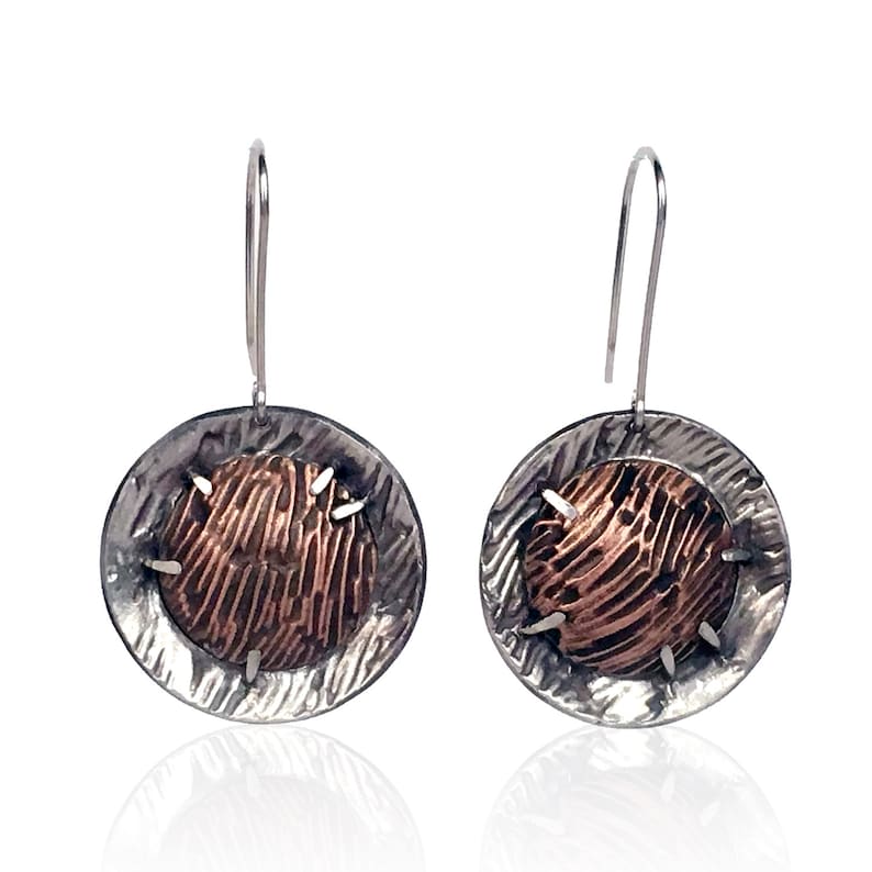 dramatic silver and copper Wabi sabi mixed metal earrings