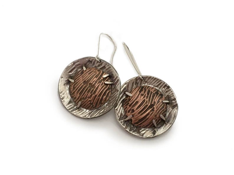 dramatic silver and copper Wabi sabi mixed metal earrings