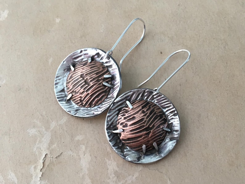 dramatic silver and copper Wabi sabi mixed metal earrings