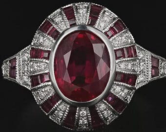 Art Deco Ruby Ring Vintage Halo Engagement Ring Oval Cut Statement Ring 925 Silver