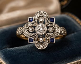 Art Deco Style Vintage Round Lab Created Diamond & Sapphire Wedding 14K Gold Finish Ring, Anniversary Gift Ring For Her, Engagement Ring
